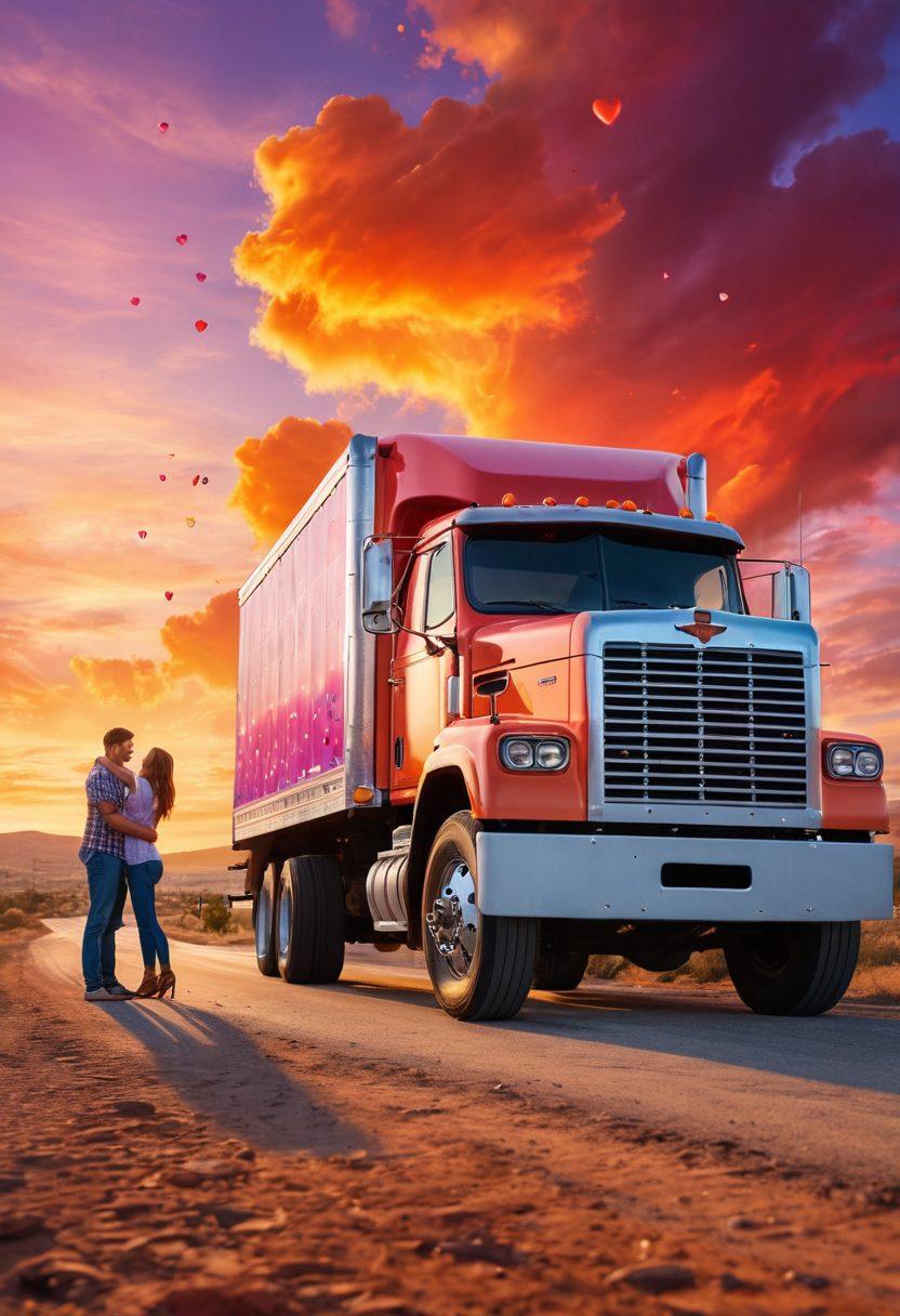 A heartwarming scene of a couple sharing a romantic moment beside a towering, colorful truck parked under a sunset sky, with vibrant hearts floating around them. In the background, a group of friends is joyfully chatting, showcasing camaraderie in the trucking community. Include elements like rolling hills and a winding road to symbolize adventure. super-realistic. vibrant colors. sunset backdrop.