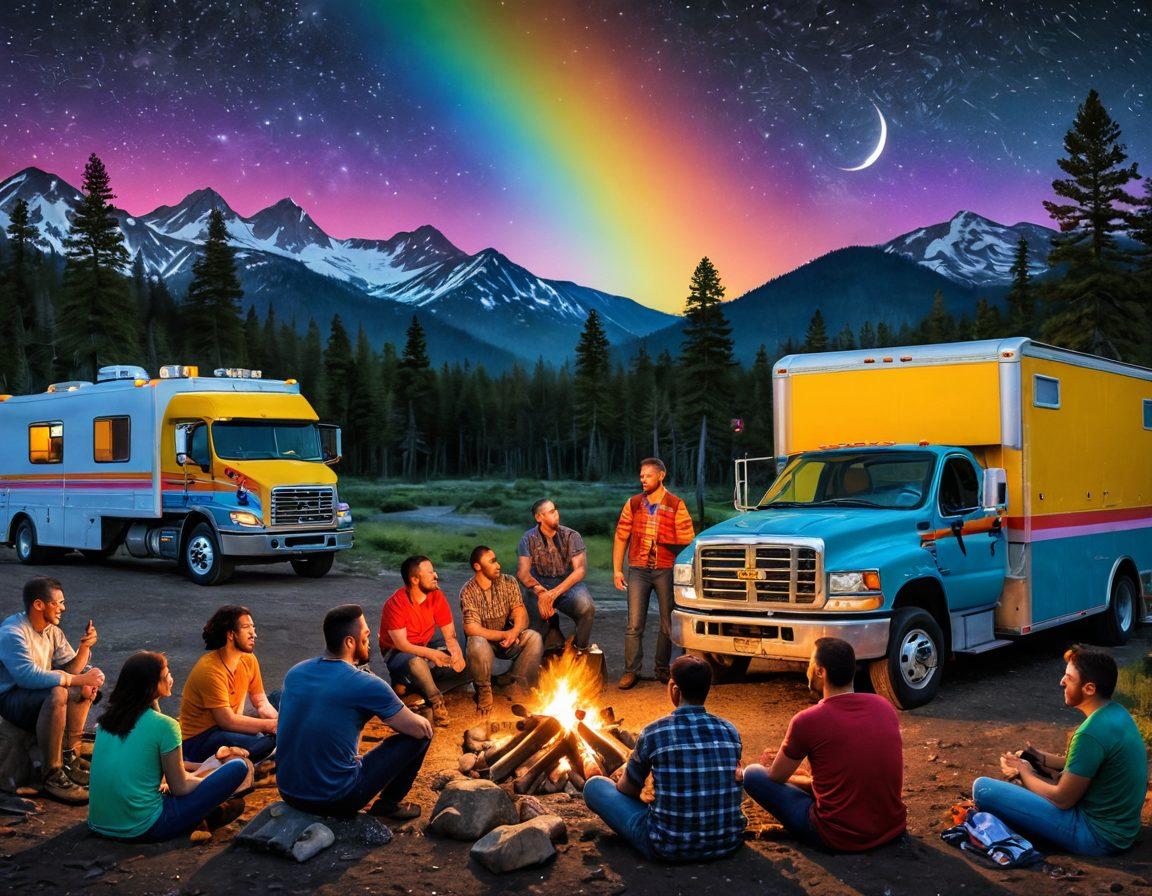 A warm scene depicting a diverse group of gay truckers gathered around a campfire, sharing stories and laughter under a starry night. Showcase colorful trucks parked nearby adorned with rainbow decals, symbolizing pride and community. Incorporate elements of nature like pine trees and mountains in the background, creating a sense of camaraderie and adventure. The atmosphere should feel inclusive and supportive, radiating positivity and connection. vibrant colors. super-realistic.