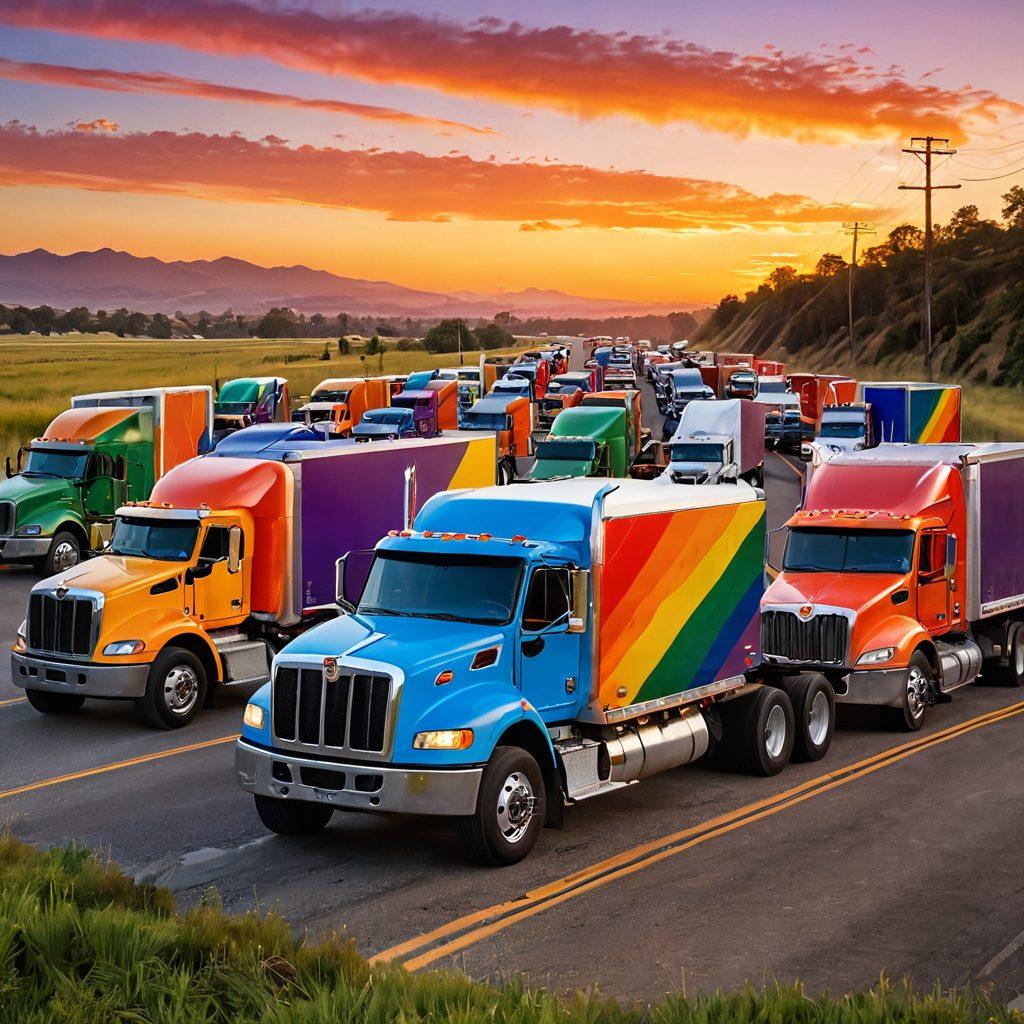 A colorful scene depicting a diverse group of truck drivers, including LGBTQ+ individuals, standing together with their trucks in a warm sunset. The background features a highway winding through a lush landscape, symbolizing connections and journeys. Rainbow flags are subtly integrated into the truck designs, showcasing pride and unity. The atmosphere is vibrant and inviting, conveying a sense of community and support. super-realistic. vibrant colors. sunset backdrop.